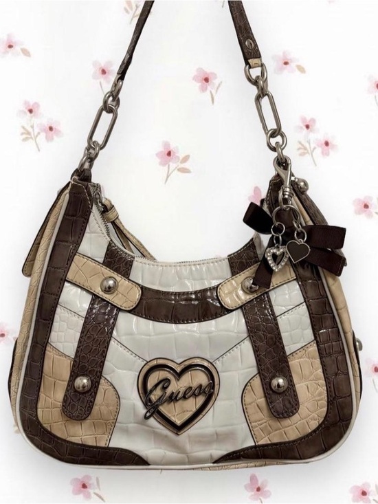Guess Handbags - Guess Cream, Brown & Tan Croc-Embossed Shoulder Bag with Heart Plaque